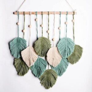 Macrame Boho Indie Farmhouse Teal/Blue/Green/Cream Feather Wood Bead Wall Decor